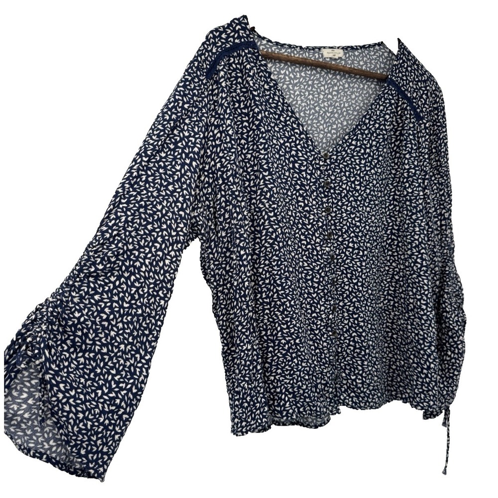 Mason & Belle 2X Blouse Navy button up flare sleeve cottagecore beachy gauze‎